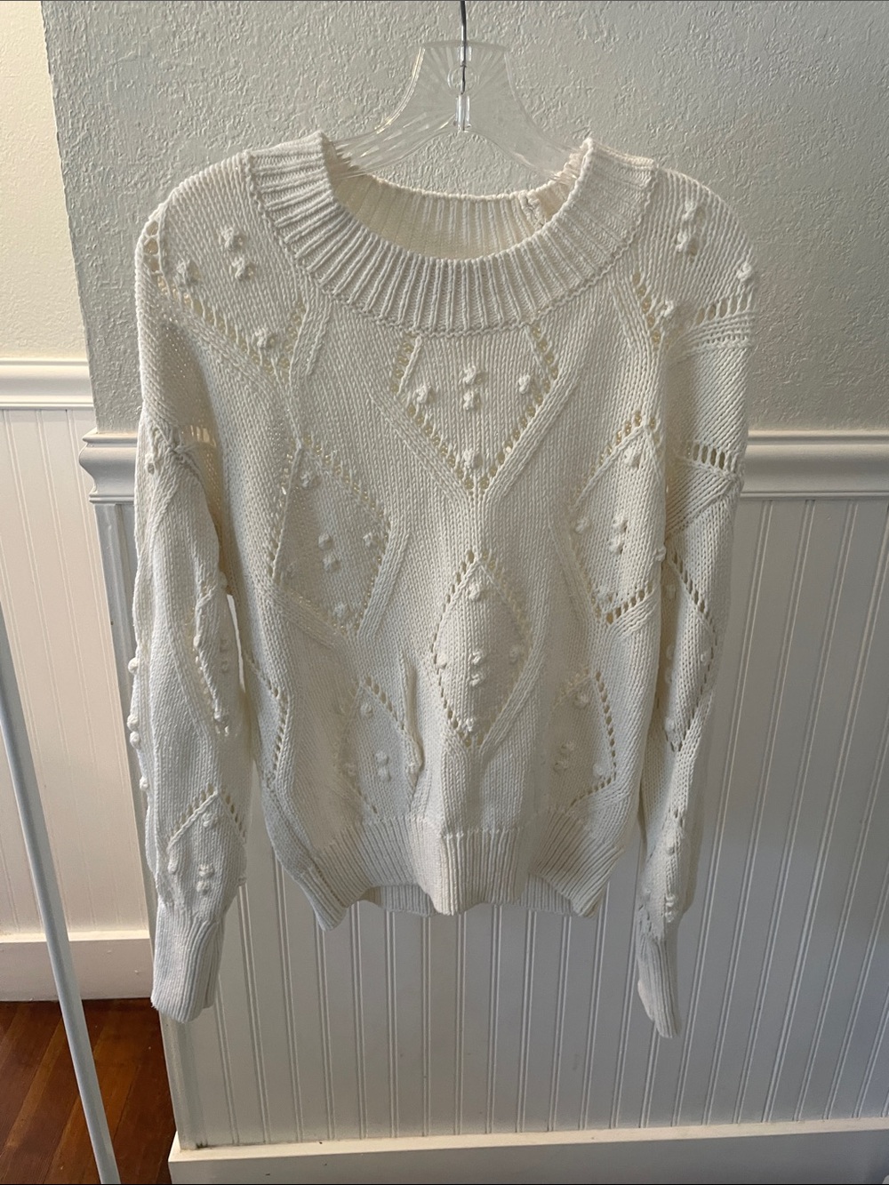 LOFT Cream Textured Pom-Pom Crewneck Sweater
